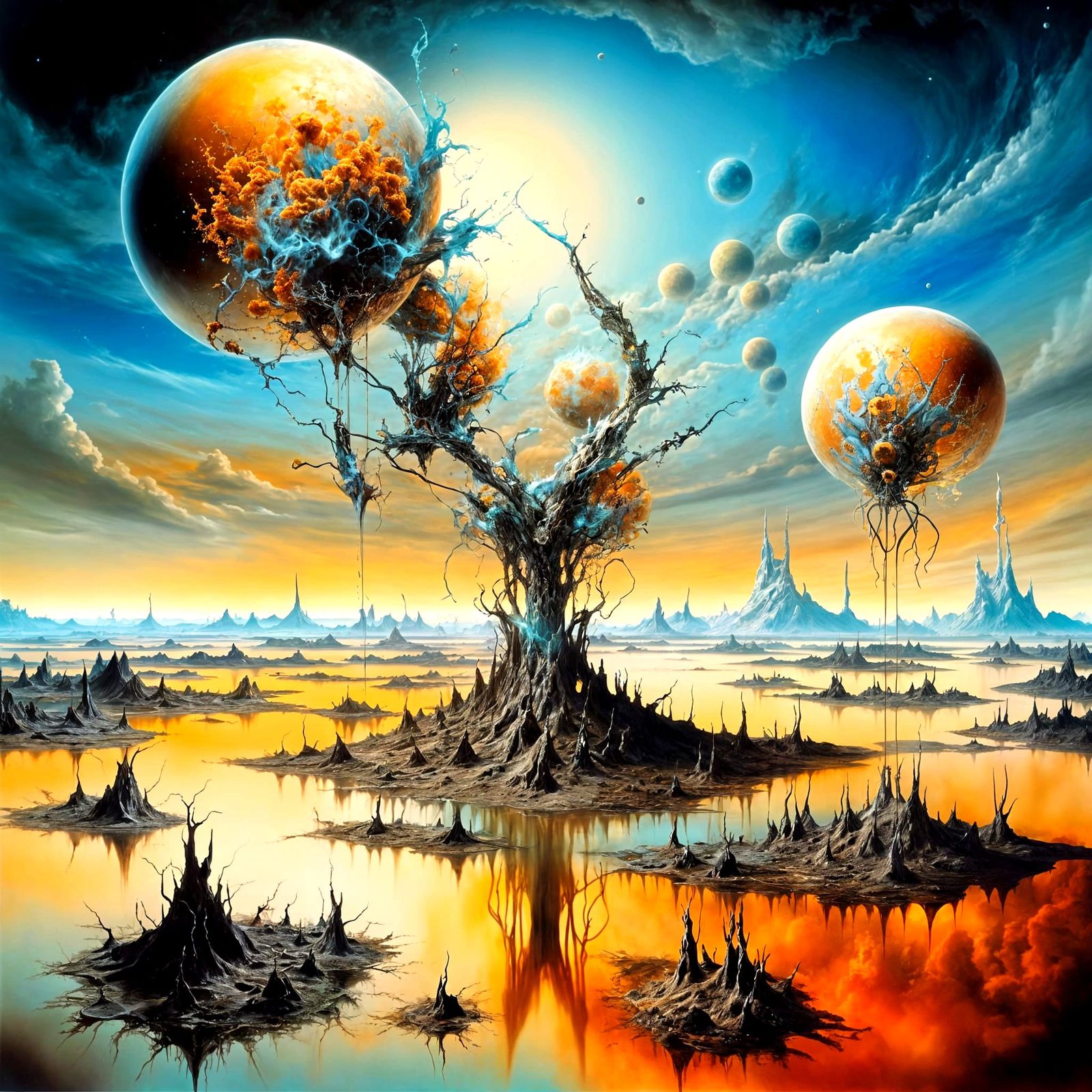 Surreal Landscape with Elastic Flora and Metallic Sky