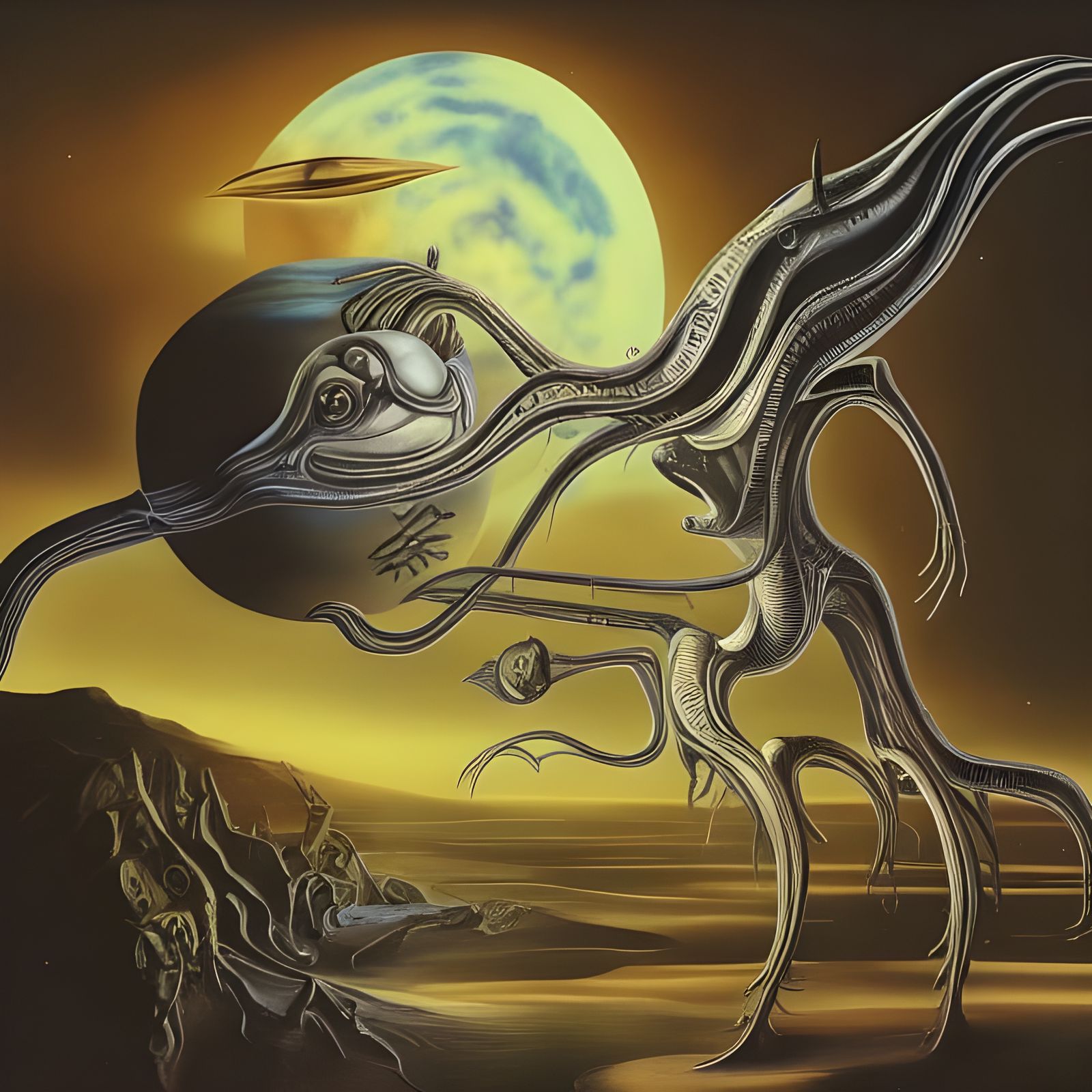 Alien Bird-Fish on Distant World in Giger Style