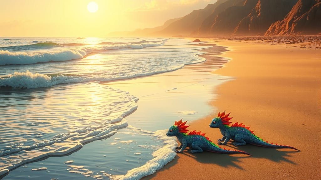 Serene Beach with Baby Dragons at Golden Hour