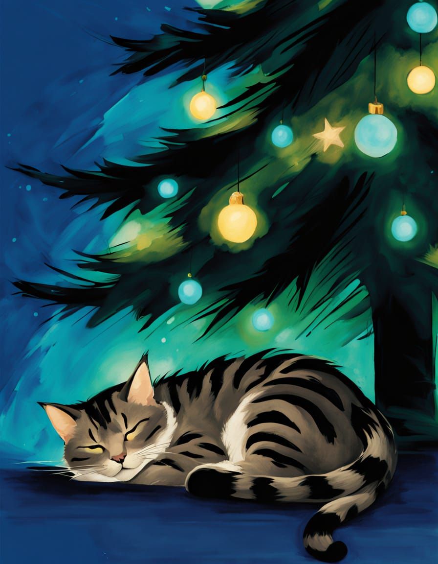 Tabby Cat Sleeping Under Christmas Tree in Ink Wash Style