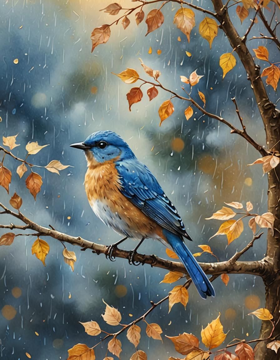 Blue Bird in Autumn Rain: Watercolor Digital Art