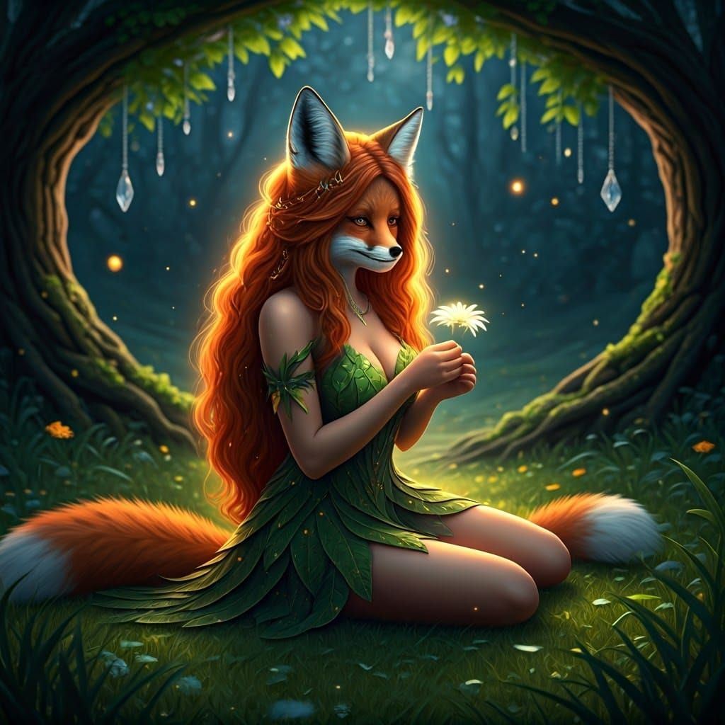 Fox Woman in Enchanted Meadow at Twilight