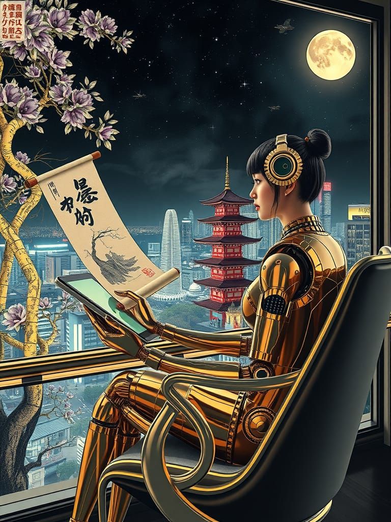 Cybernetic Schoolgirl in Futuristic Tokyo, Ukiyo-e Style