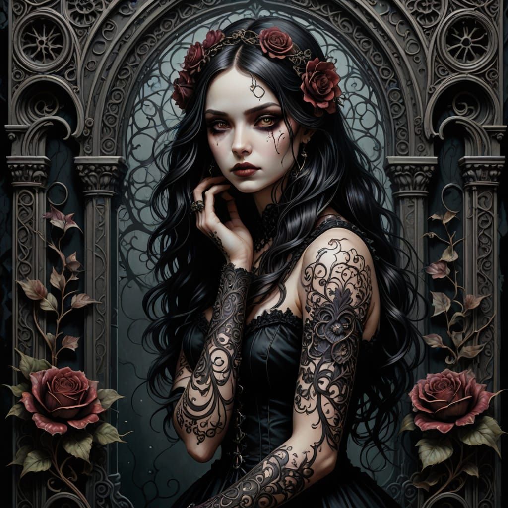 Gothic Florals Tattoo in Dark Whimsy Style