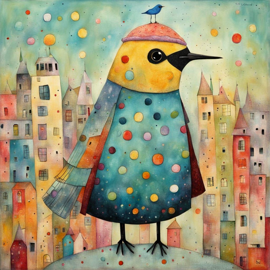 Whimsical character portrait, Urban pop-culture, Central focus, COLLAGED, COLORFUL BIRD, Pastel wash, Benday dots, Sam T...