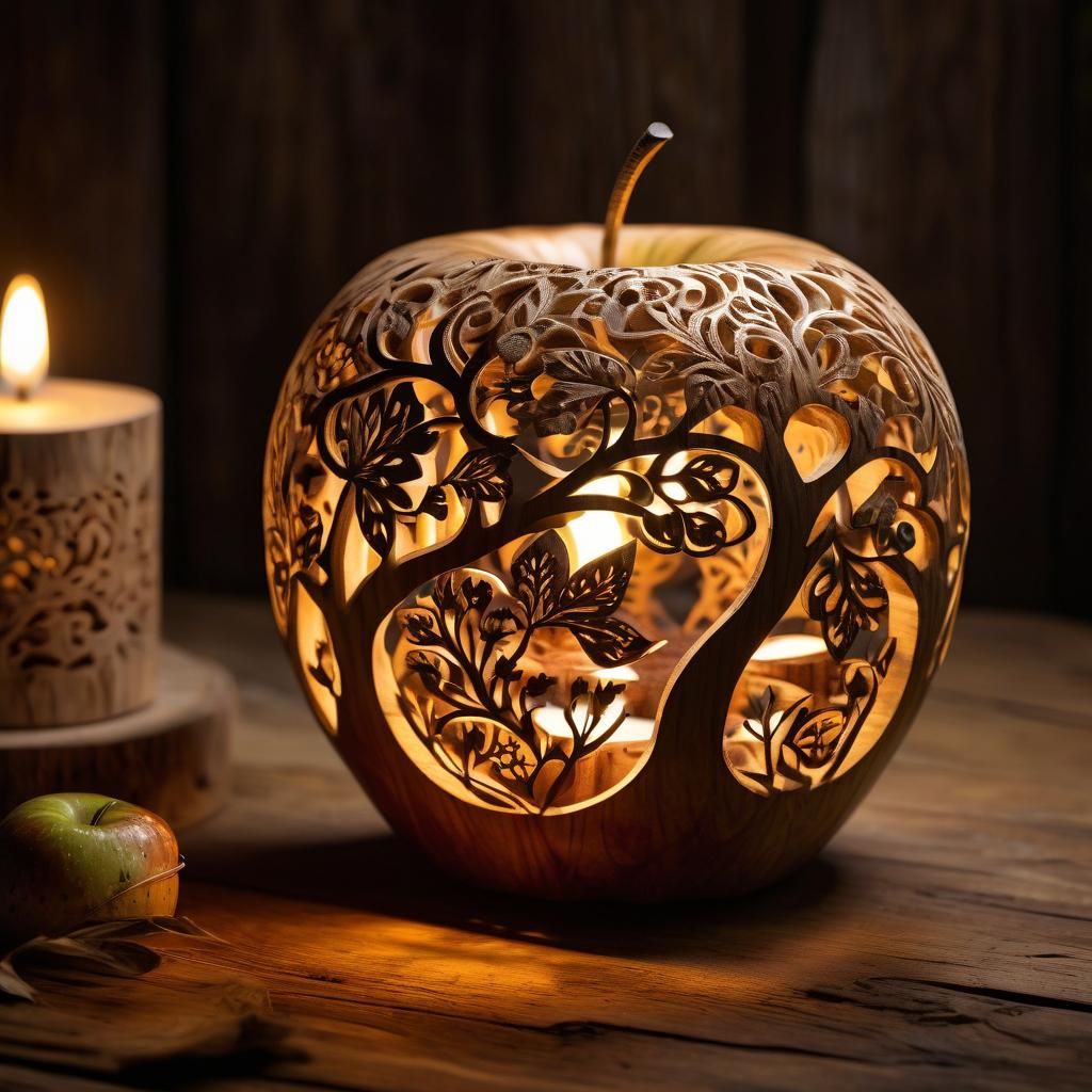 Hand-Carved Wooden Apple with Tealight
