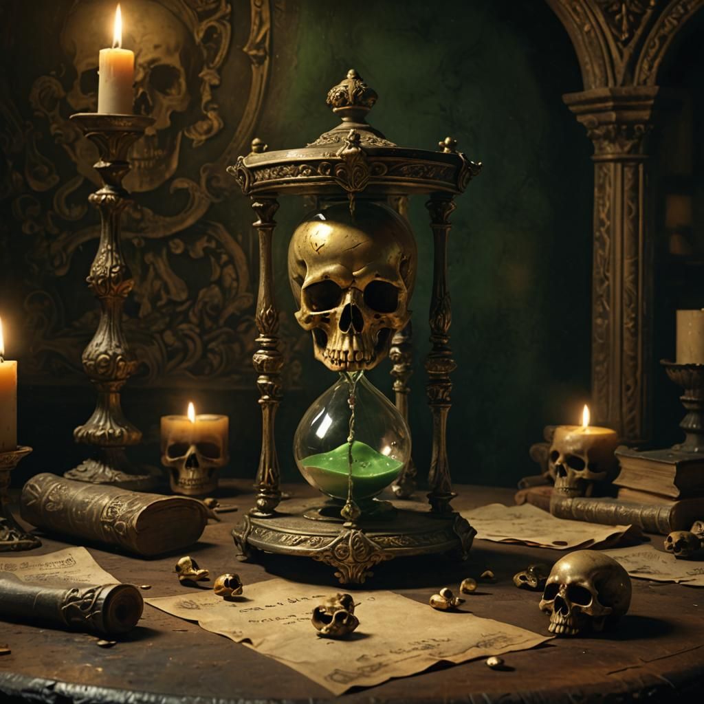 Cursed Hourglass in Baroque Dark Academia Style
