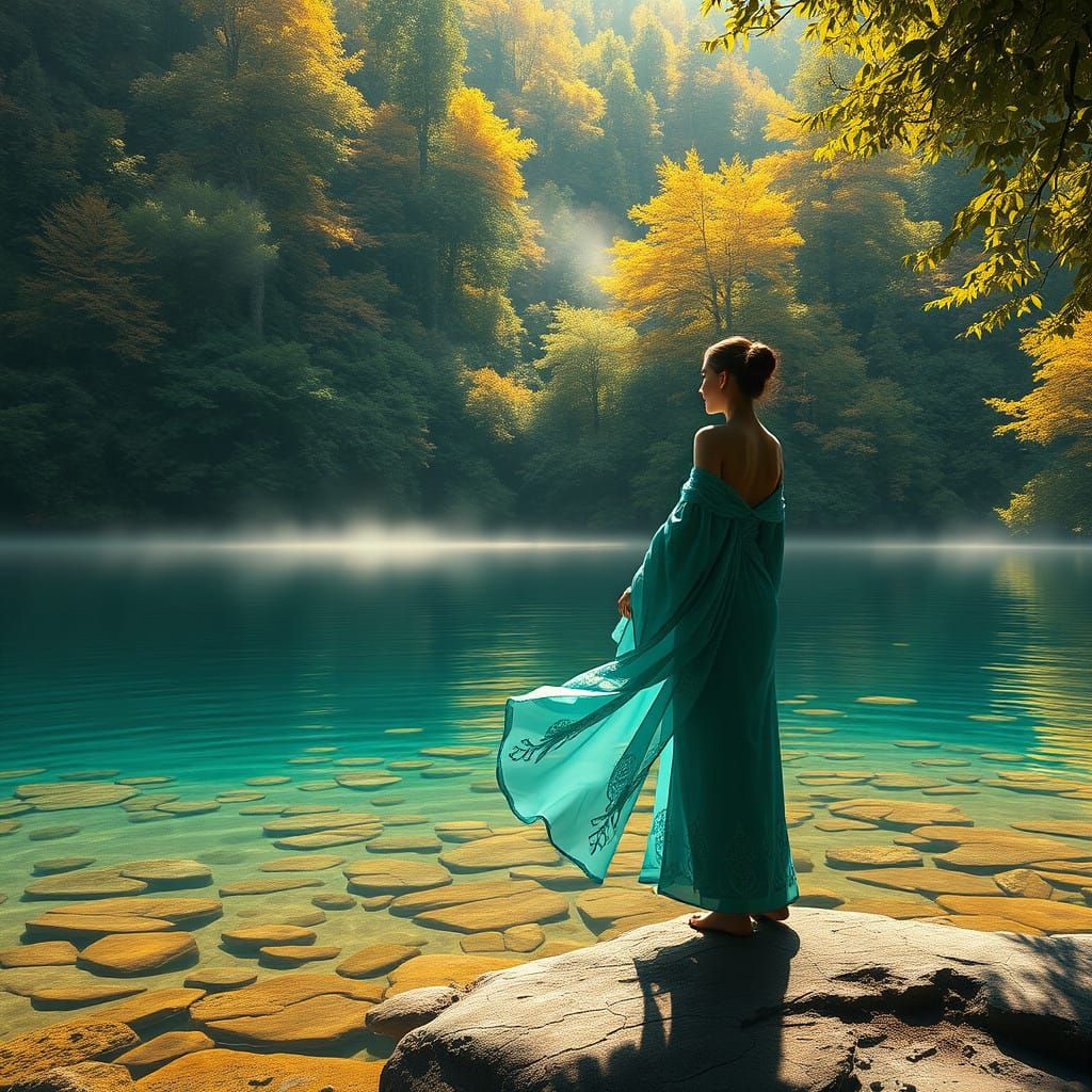 Serene Woman in Lush Landscape with Vibrant Foliage and Mist...