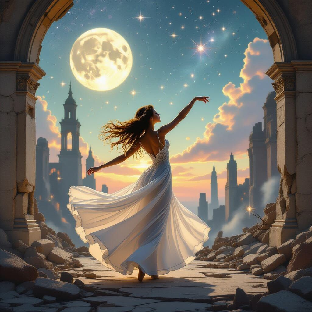 Ethereal Dancer in Celestial City Ruins