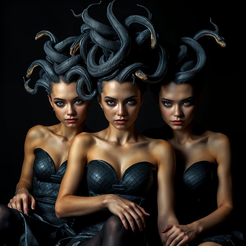 Sisters of Serpentine Beauty Pose in Moody Studio Setting