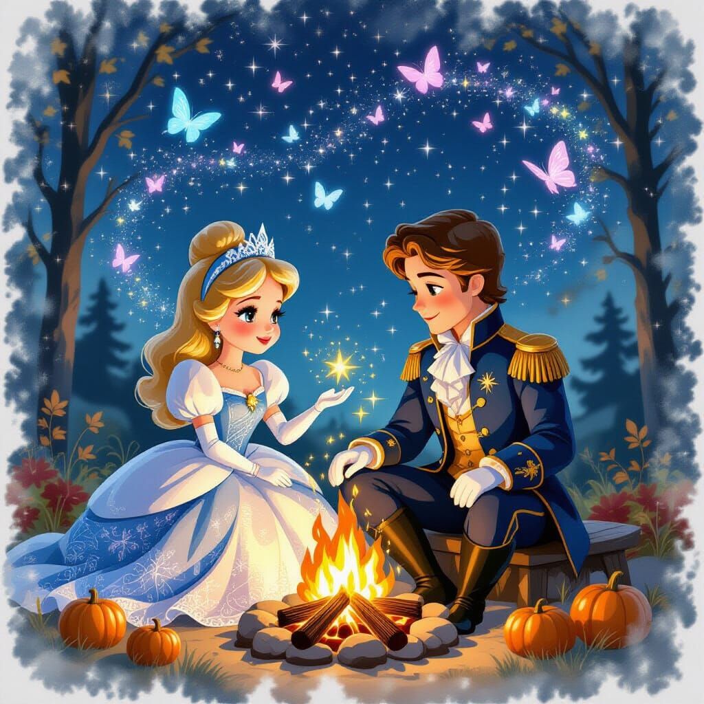 Cinderella and Prince Charming Stargazing by Bonfire