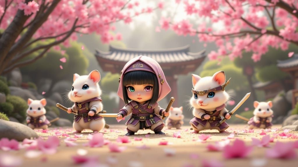 <lora:Accu:1.0> A brave team of female chibi hamsters in miniature ninja armor, training diligently in a serene zen gard...
