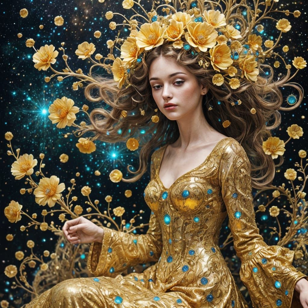 Glowing Klimt Quantum Gold with Pointillist Flowers