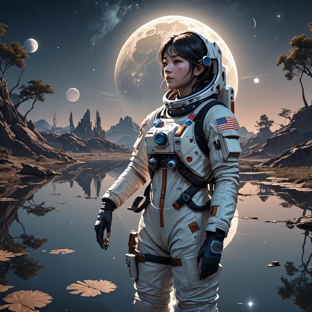 Astronaut Contemplates Reflection on Alien World in Anime St...