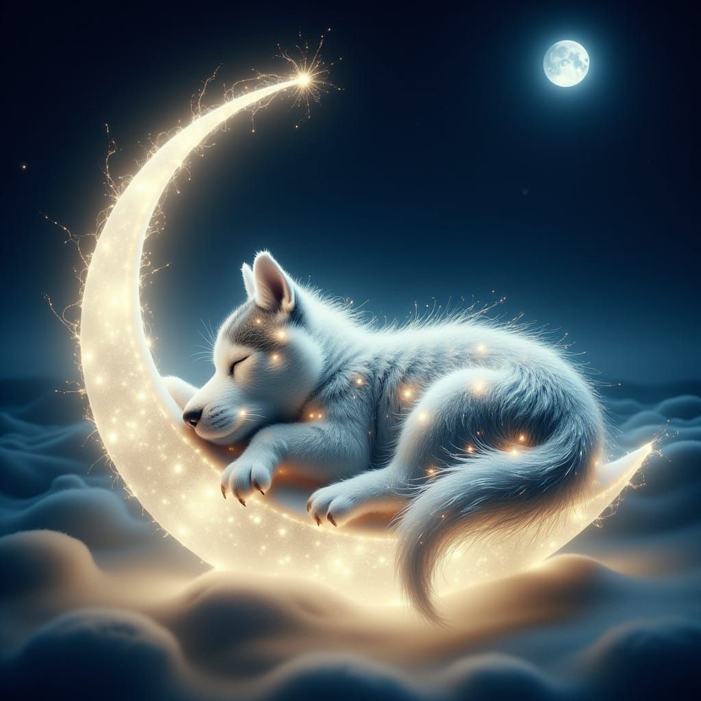 Moonlit Husky Puppy Slumbers in Dreamy Surrealism