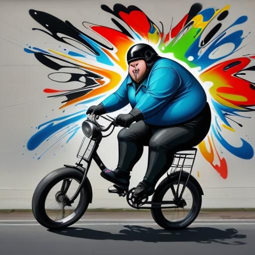 Fat Man Speed Riding Small Bicycle: Graffiti Art