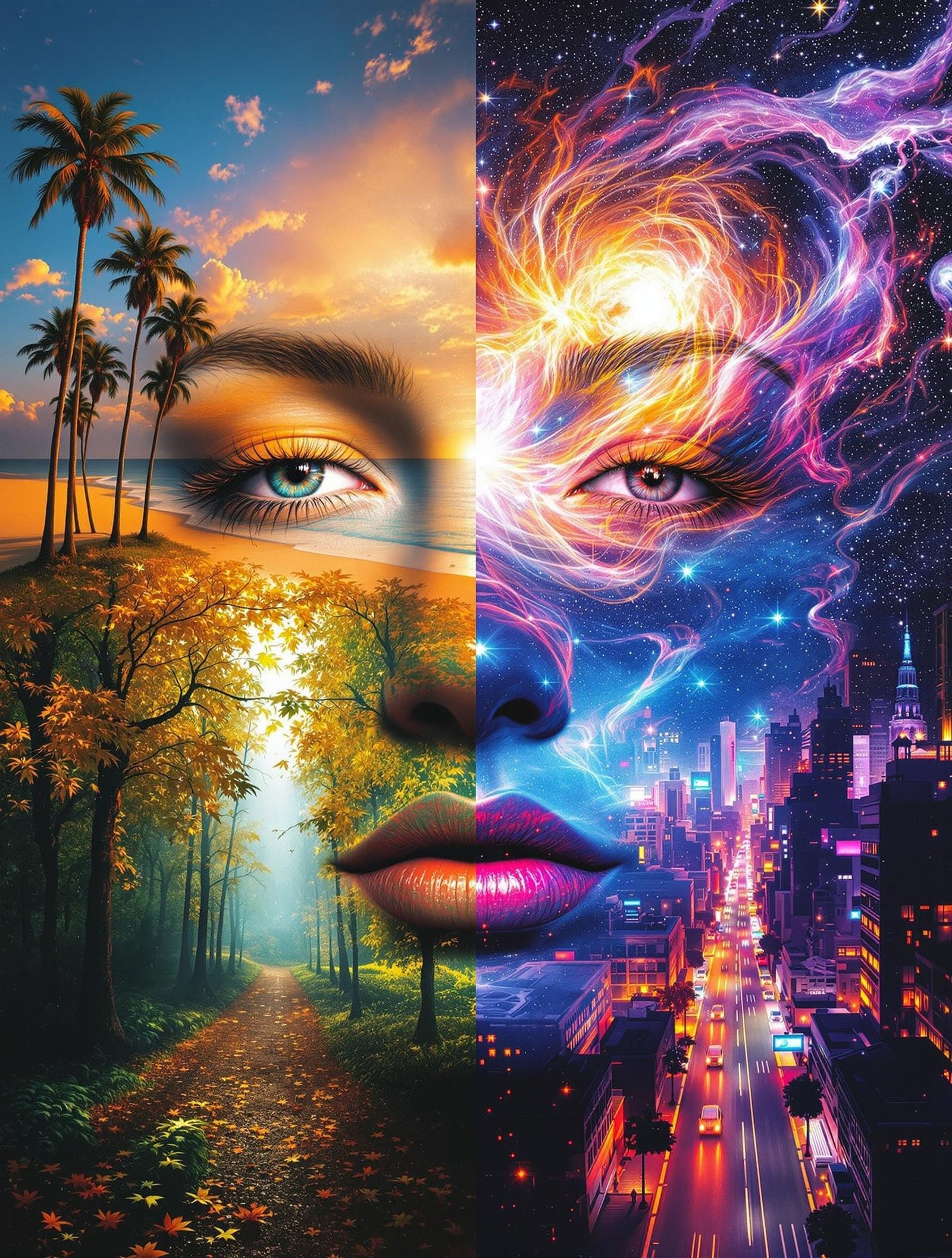 Surrealist Face Portrait Collage: Dreamlike Scenes Merge