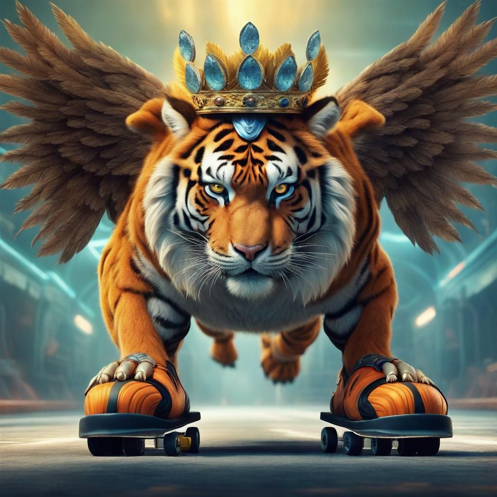 Winged Crowned Tiger on Roller Skates: Fantasy Art