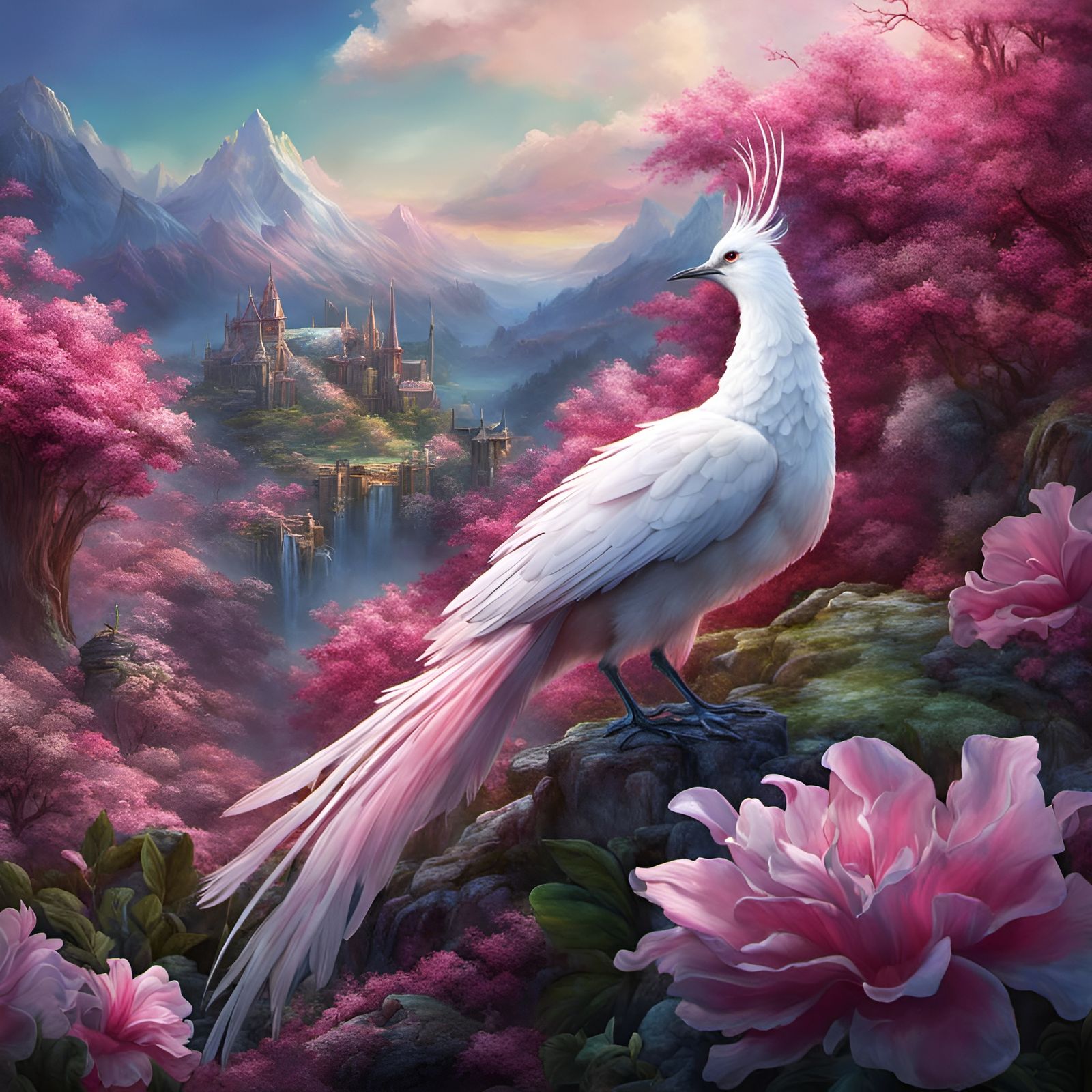 White bird, shimmering iridescent pearelescent feathers and ...