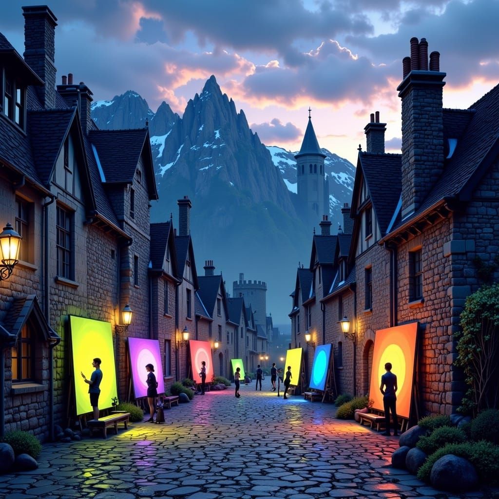 Twilight Painters on Stone Quay: Futuristic Vintage Blend