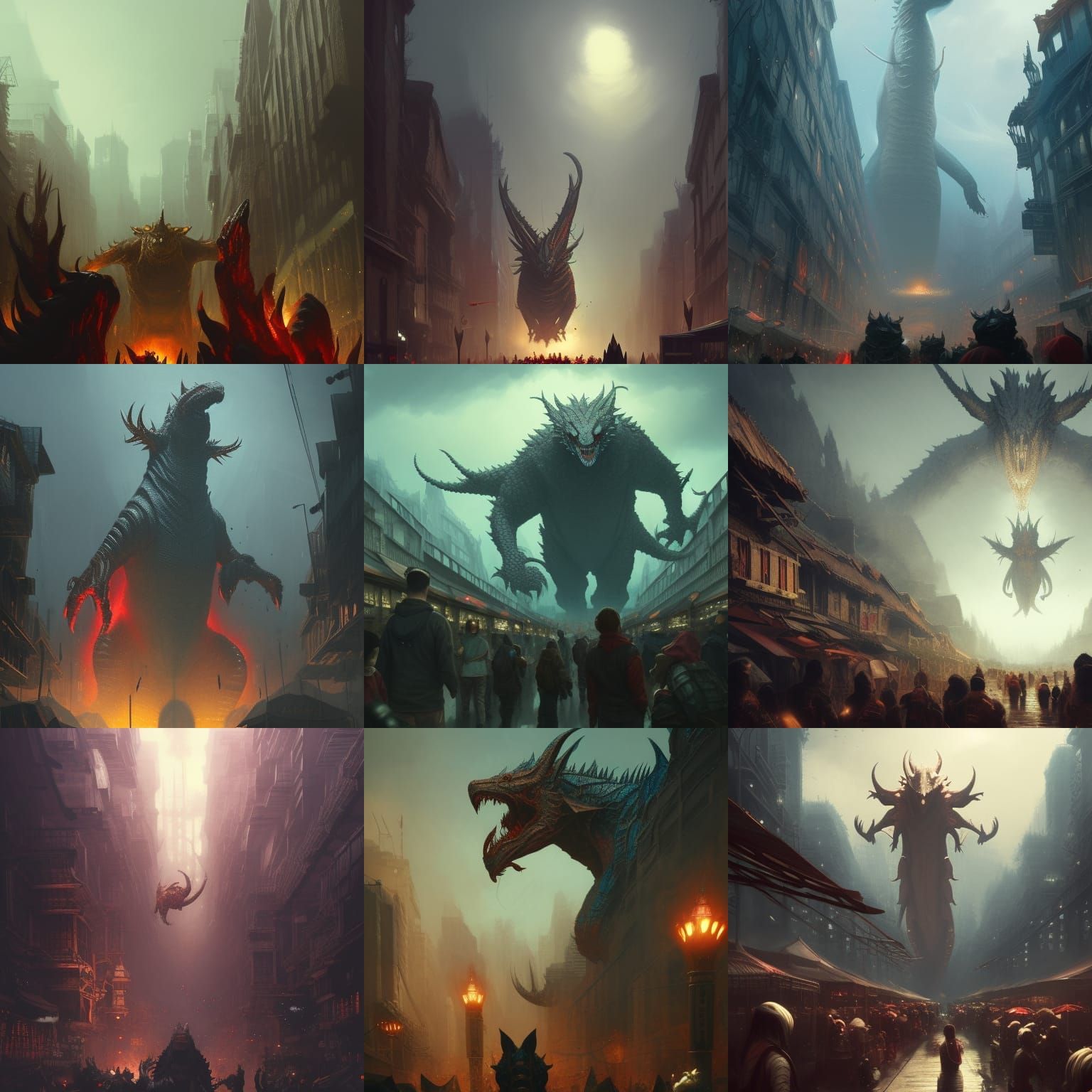 Kaiju Market Day in Dark Fantasy Style