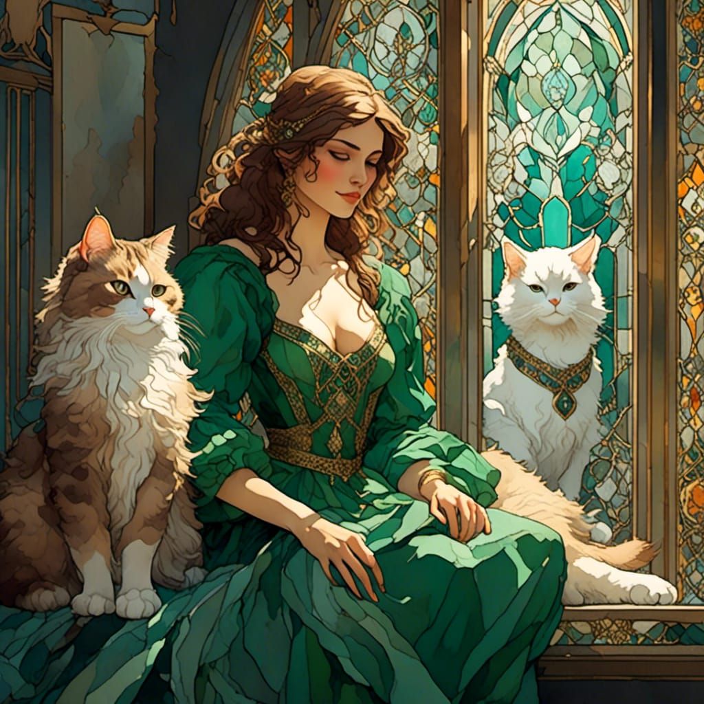 Gypsy Woman with Cat in Stained Glass, Watercolor