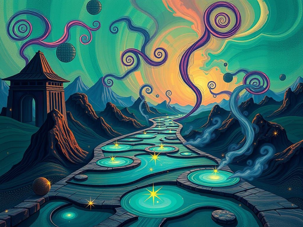 Mystical Road to Infinity in Vibrant Cityscape Art