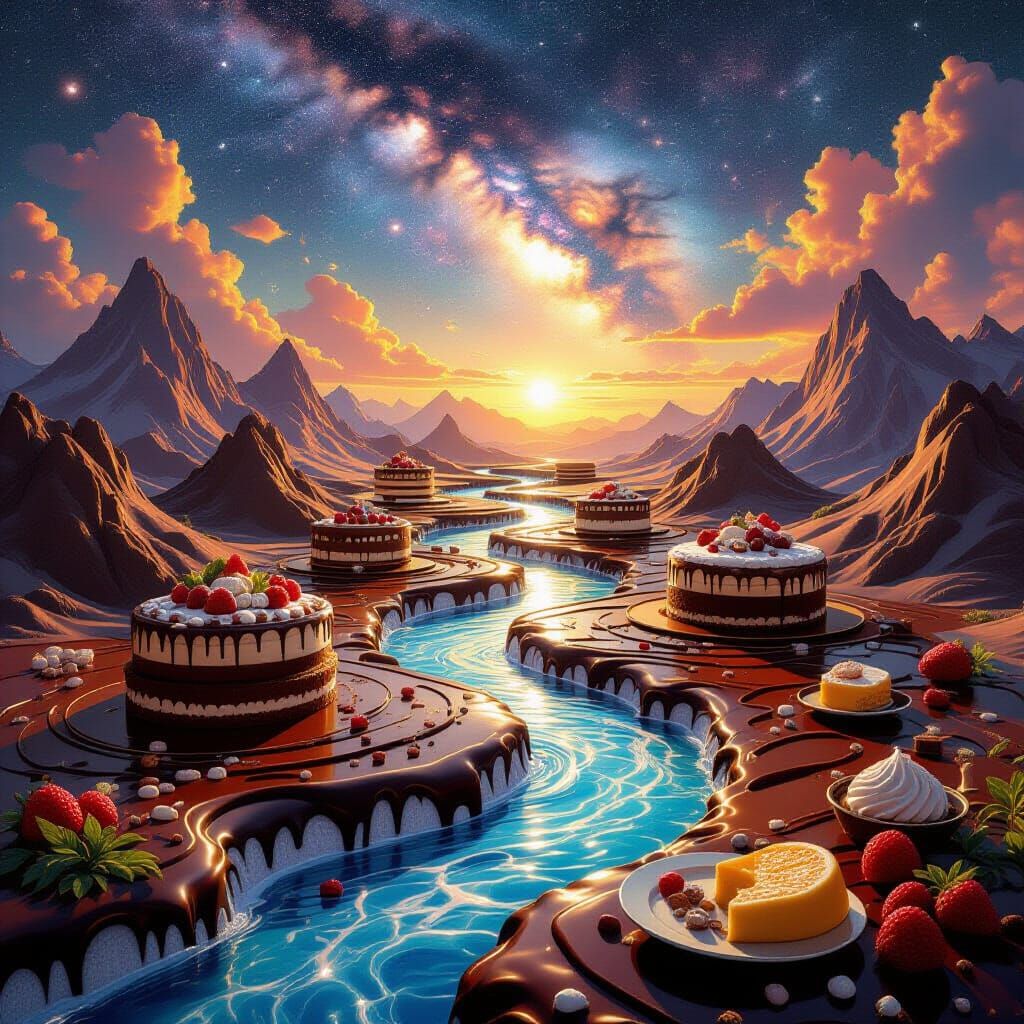 Food Landscape with Chocolate Rivers and Cake Mountains