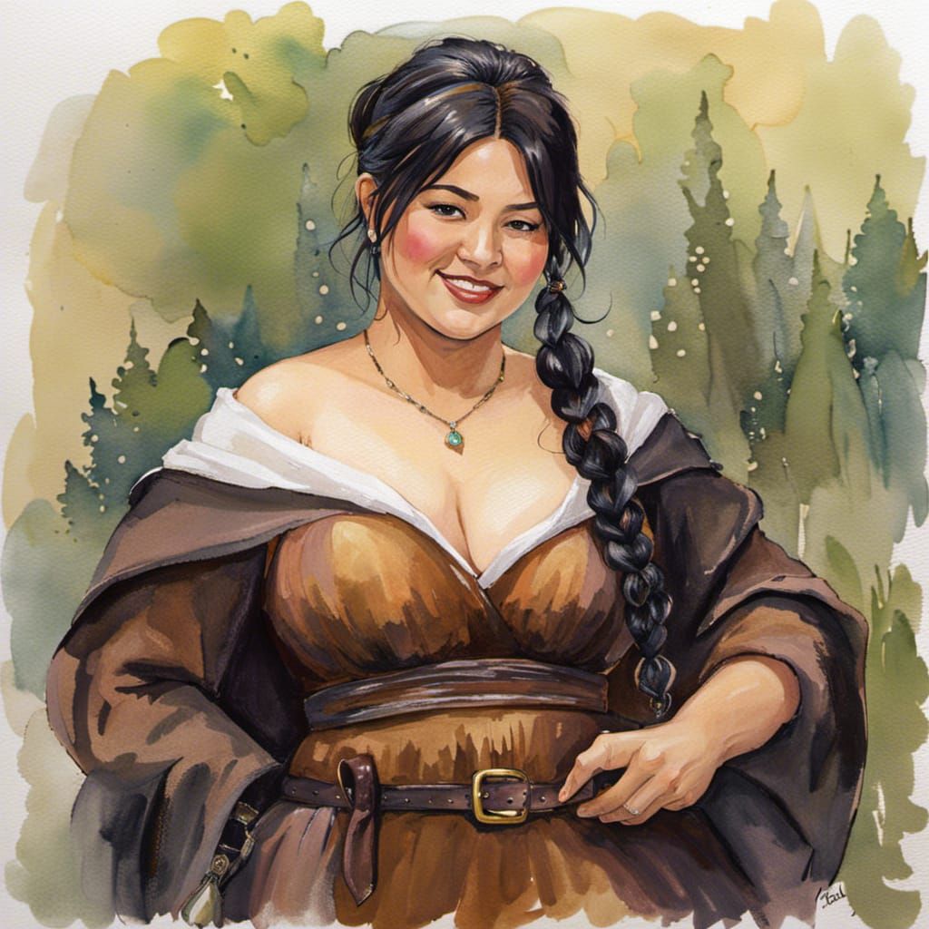 Chubby Woman in Medieval Fantasy Watercolor Painting