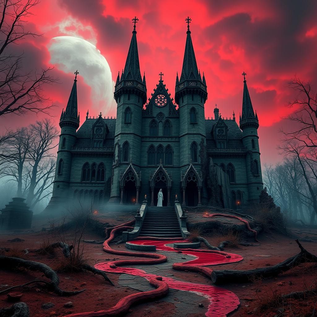 Decaying Gothic Mansion in Haunting Surrealism