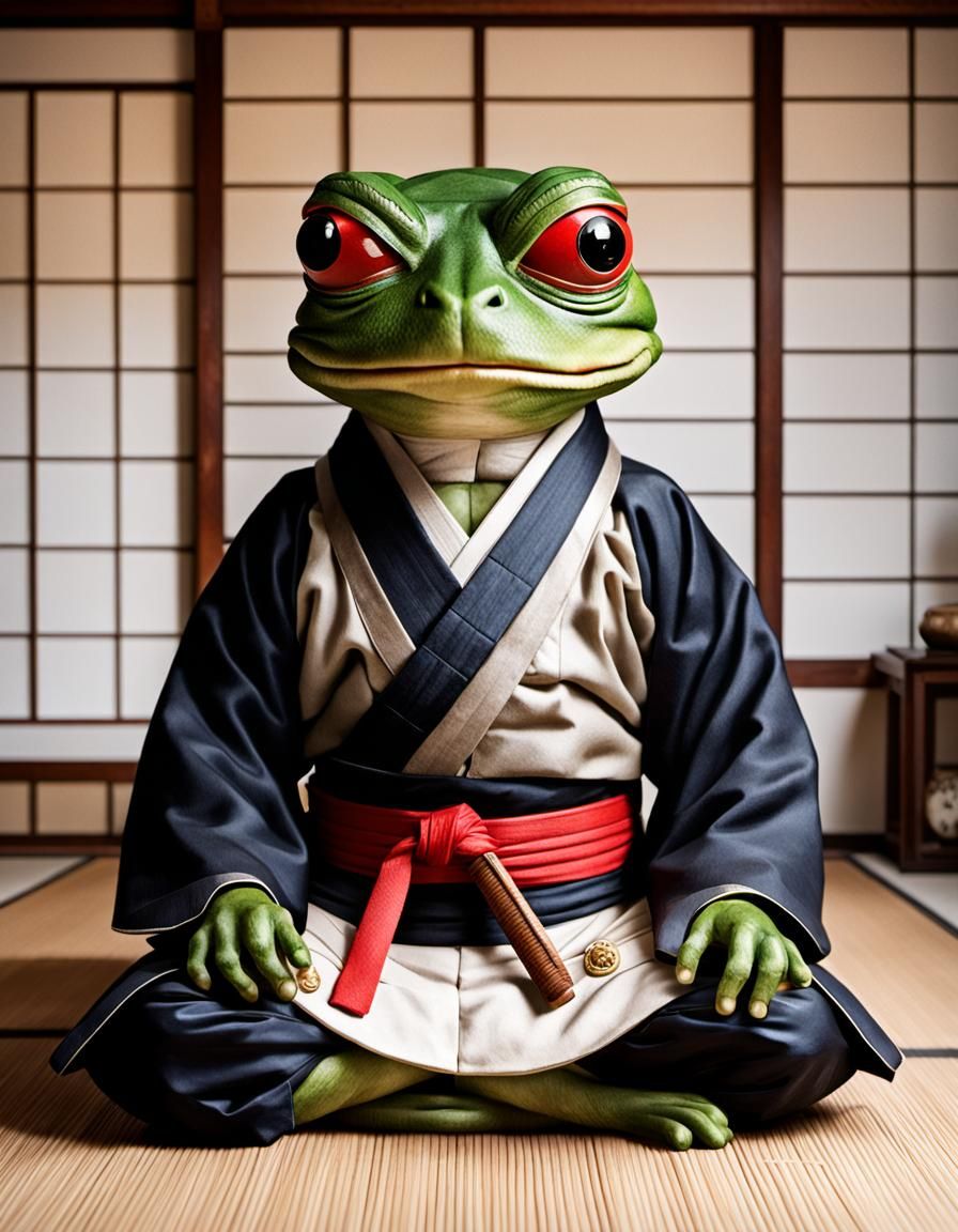 Samurai Pepe Frog in Traditional Japanese House