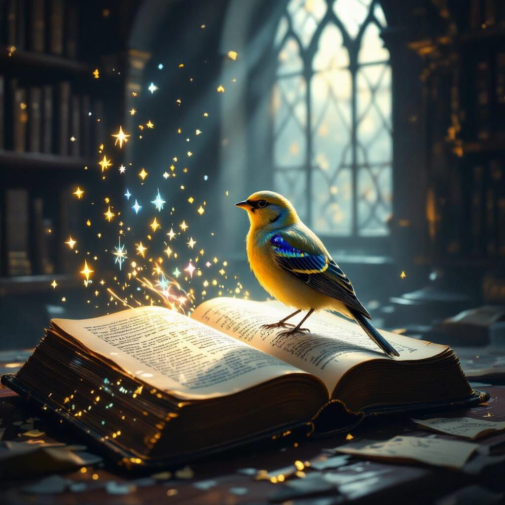 Celestial Canary on Spell Book in Fantasy Realism
