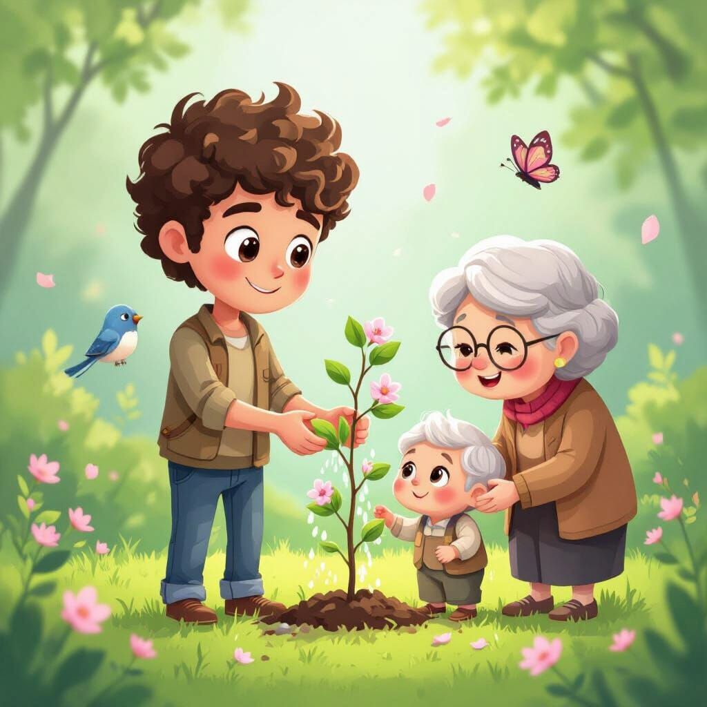 Charming Animation Style Illustration of Family Tending Bloo...