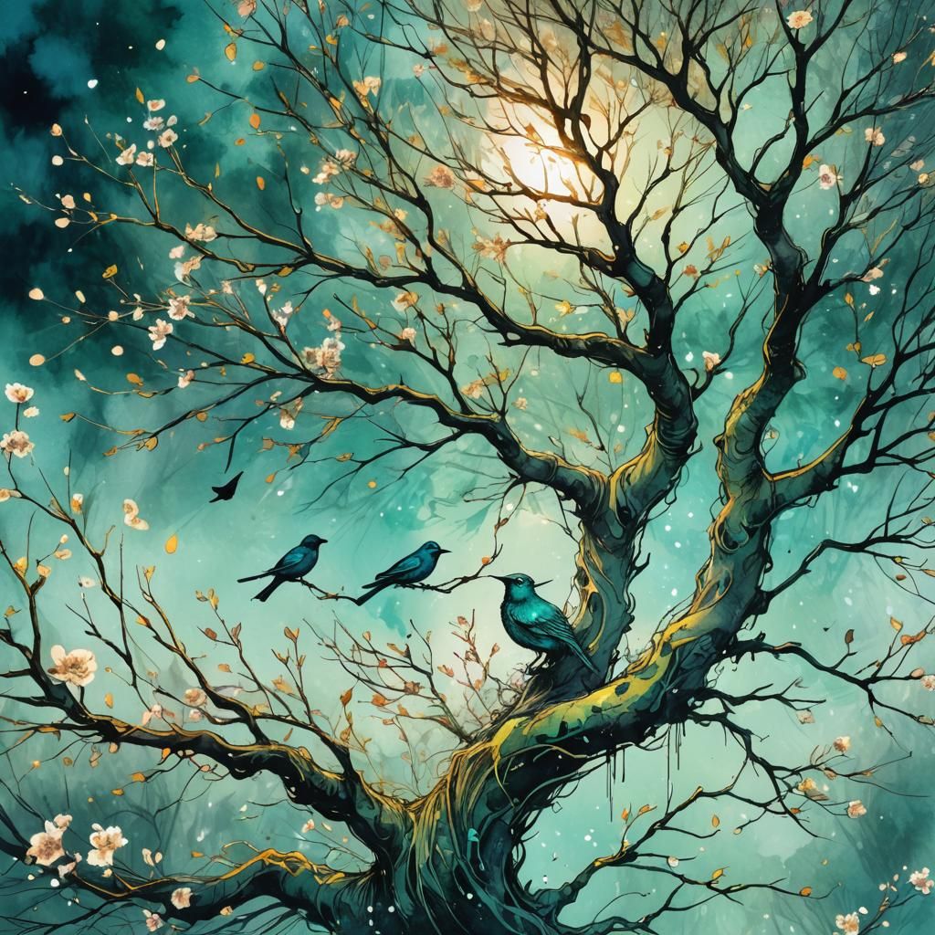 Spring Tree with Birds: Watercolor and Ink Fantasy