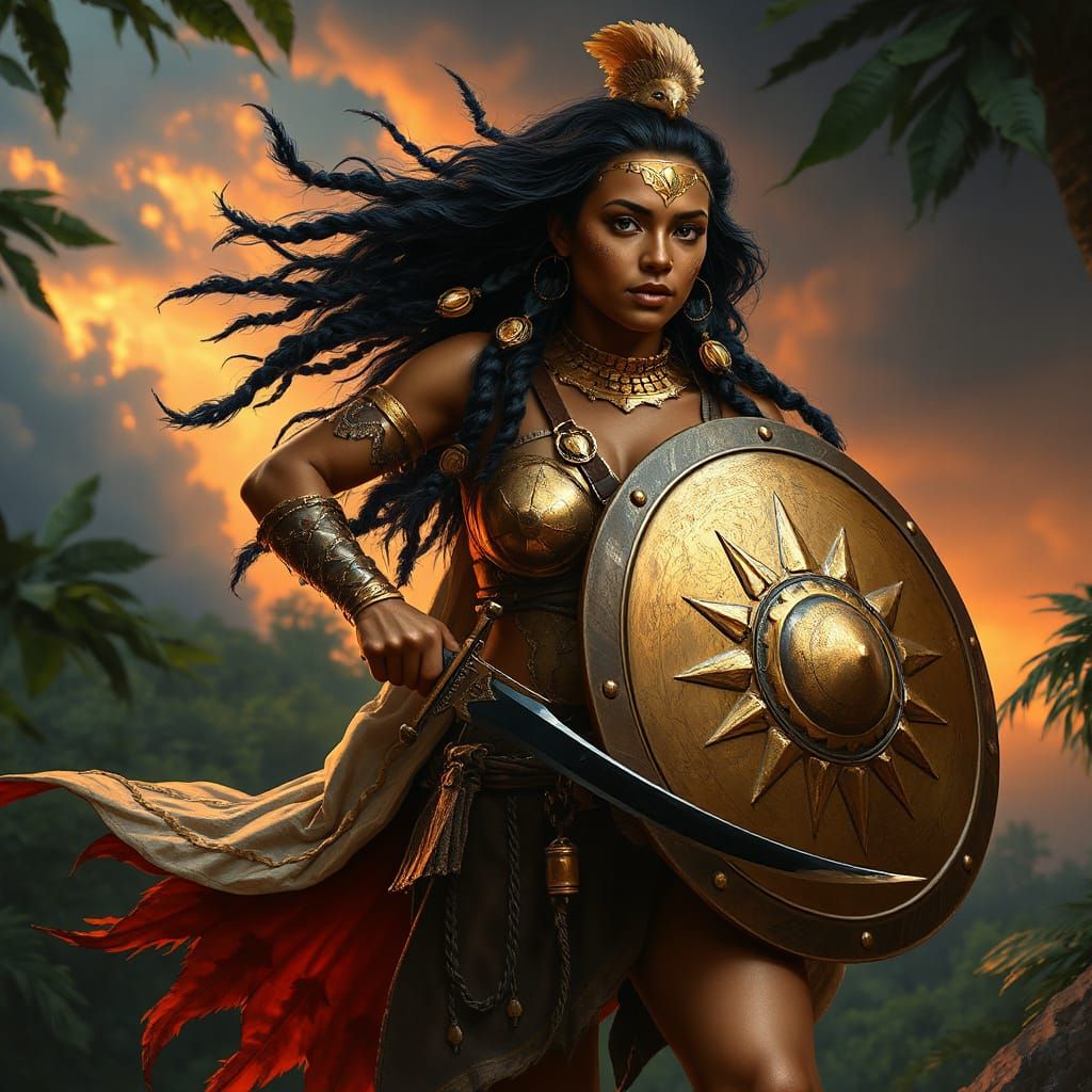 Amazon Princess Ready for Battle in Tribal Art Style