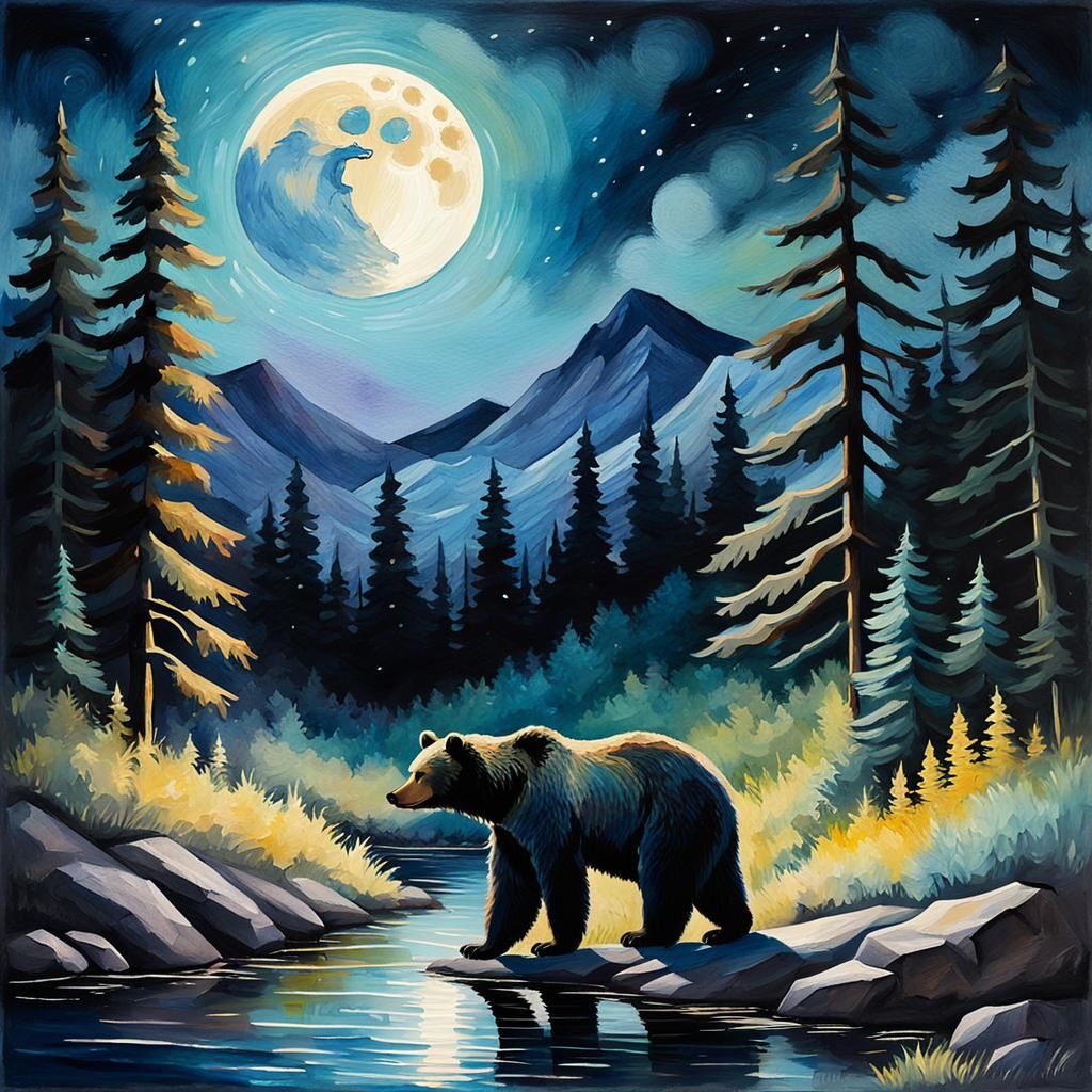 Moonlit Bear Silhouette in Gouache Watercolor Style