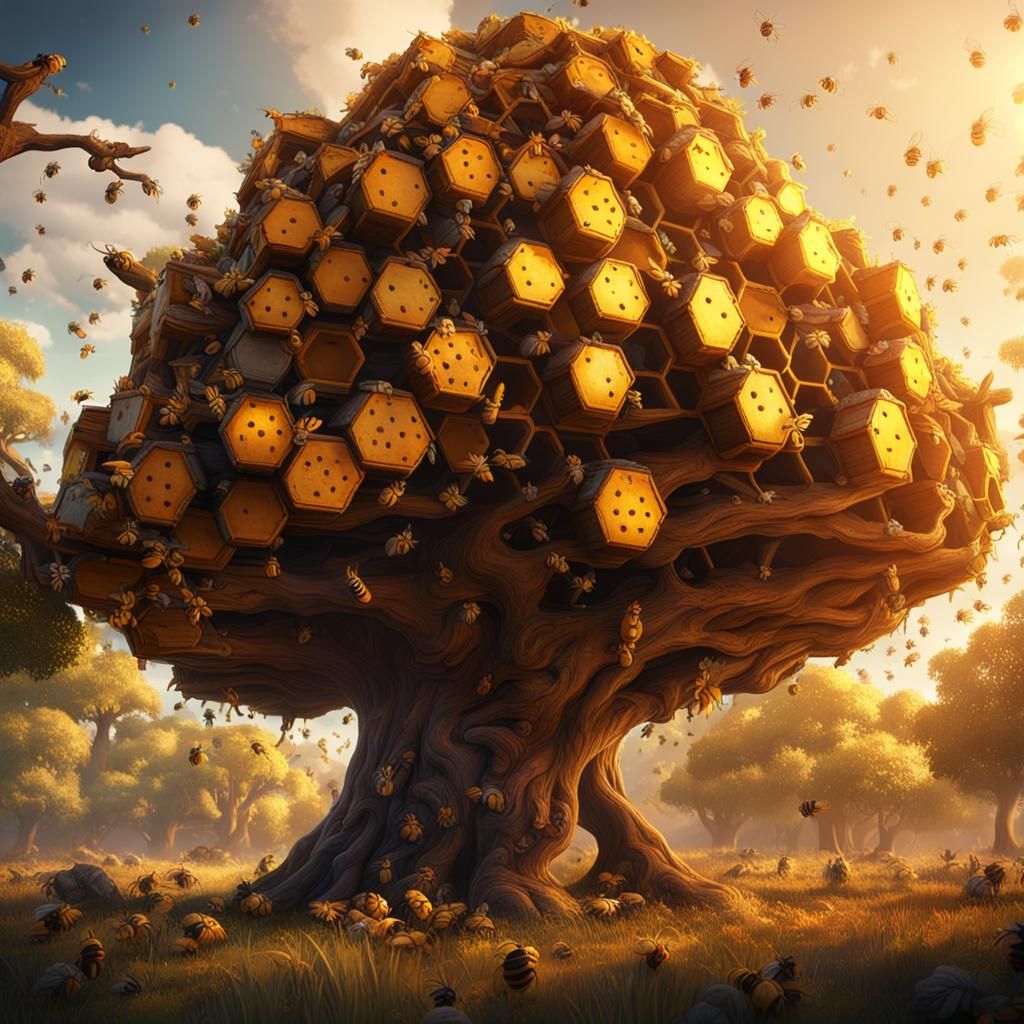 Honey Bee Hive in Tree: Detailed Matte Painting