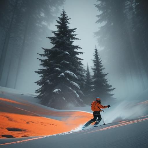 Зима. Снежные горы, горнолыжник крупным планом катится вниз --sref 3176244232