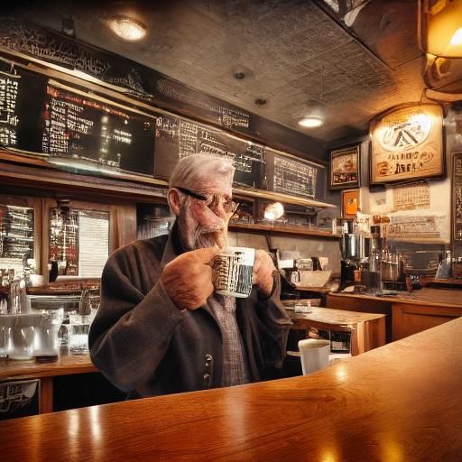 Old Man Drinking Coffee in New York Bar