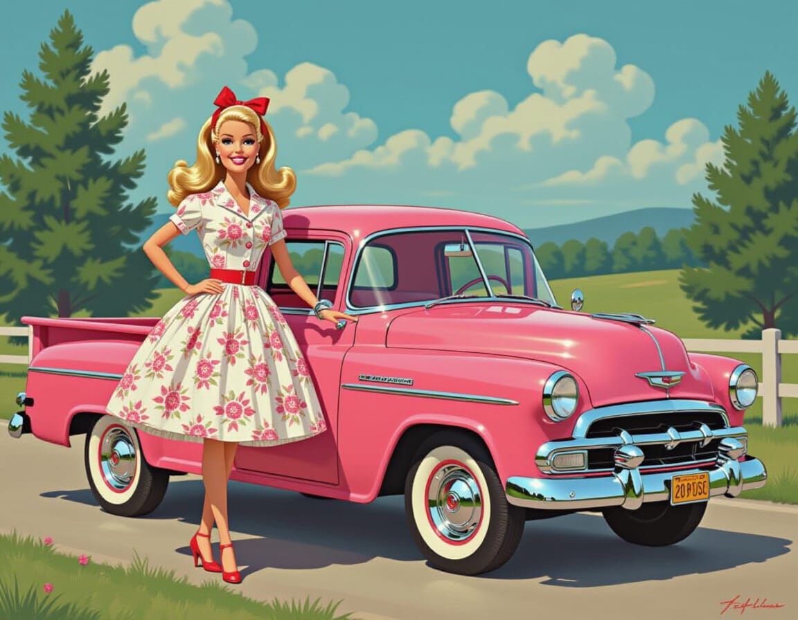 Vintage Barbie Posing with Pink Truck, Nostalgic Art