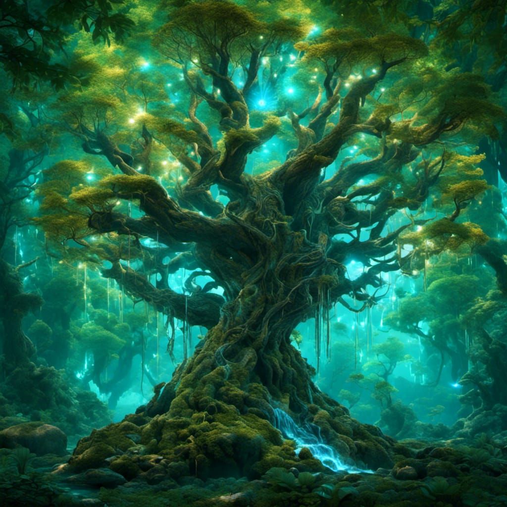 Enchanted Forest Tree with Bioluminescent Flora