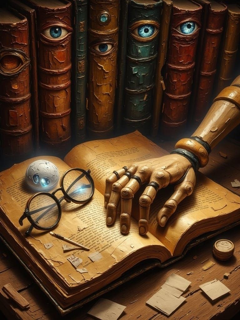 A Lifelike Wooden Mannequin Hand Amidst Ancient Tomes and My...