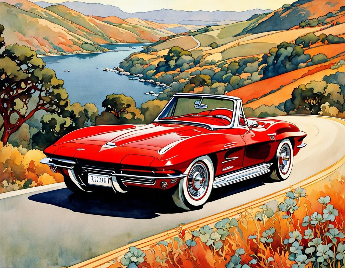Red Corvette Convertible: Art Nouveau Illustration