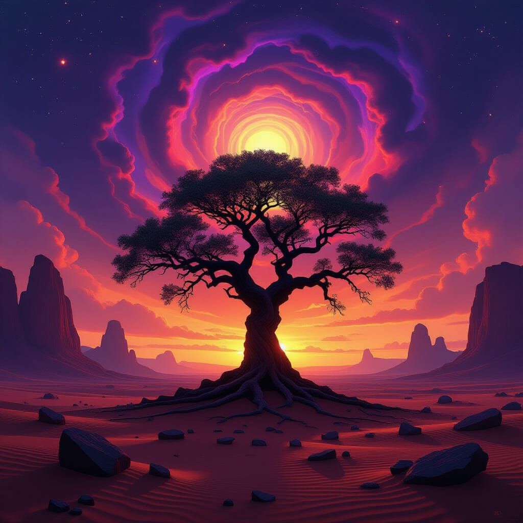 Ancient Alien Desert Tree Under Fiery Nebula Sky