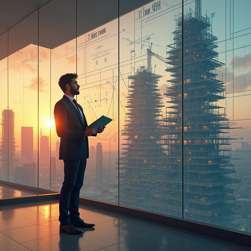 Determined Project Manager in Futuristic Cityscape