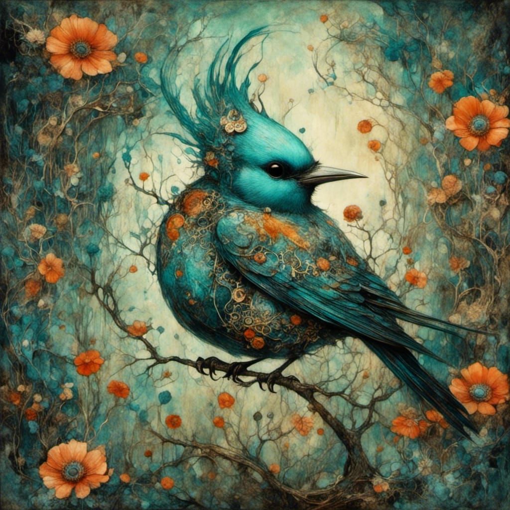 Goth Punk Bird in Art Brut Style