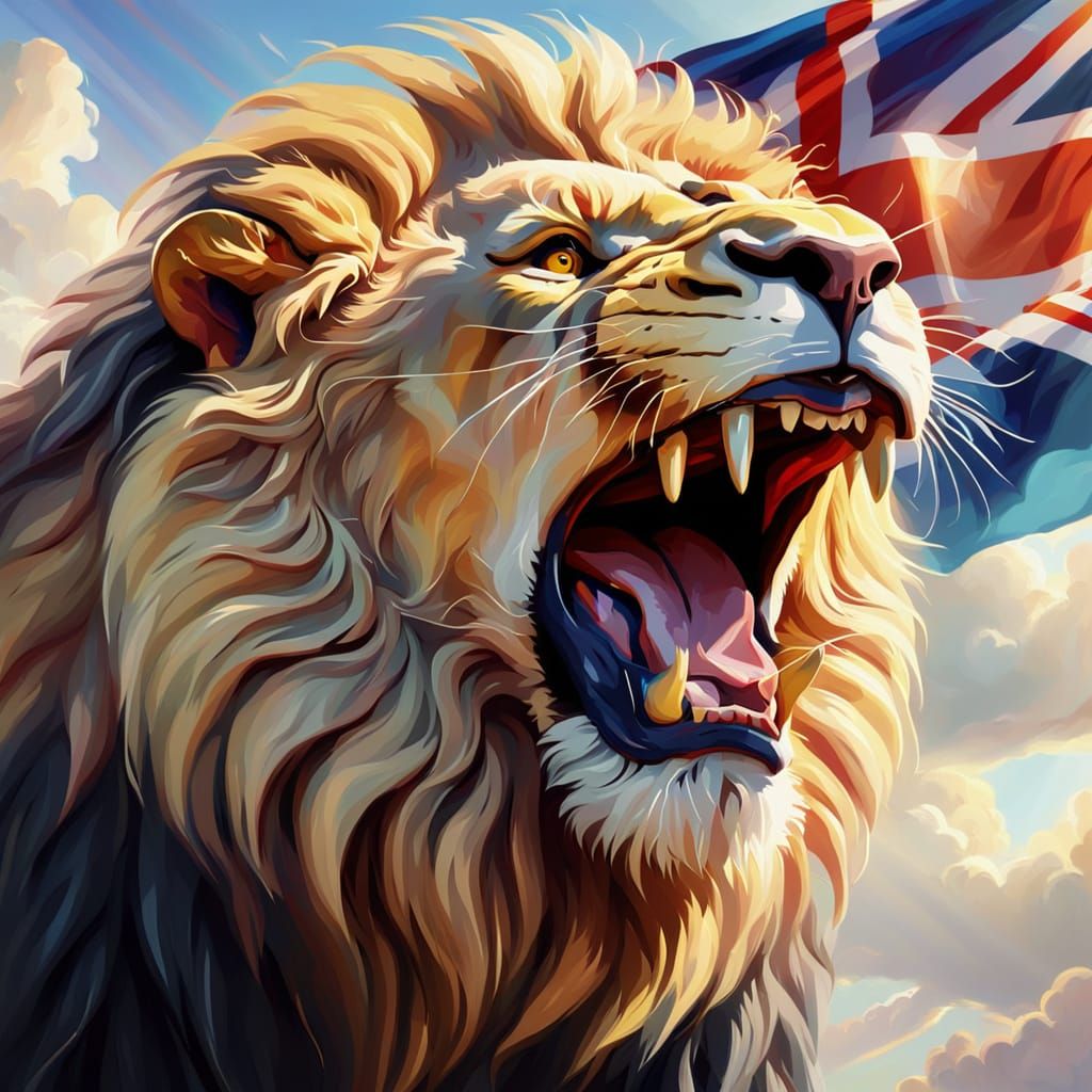 Geometric British Lion Roaring in Oil Painting