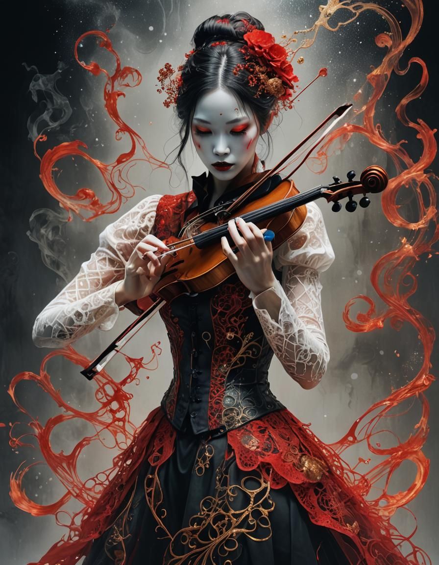 Ghostly Violin Girl Portrait with Golden Filigree