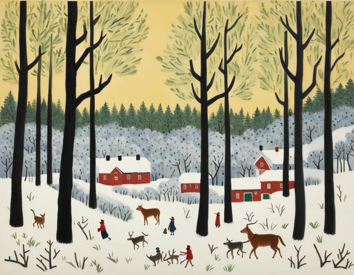 Winter Forest in Naïve Art Style