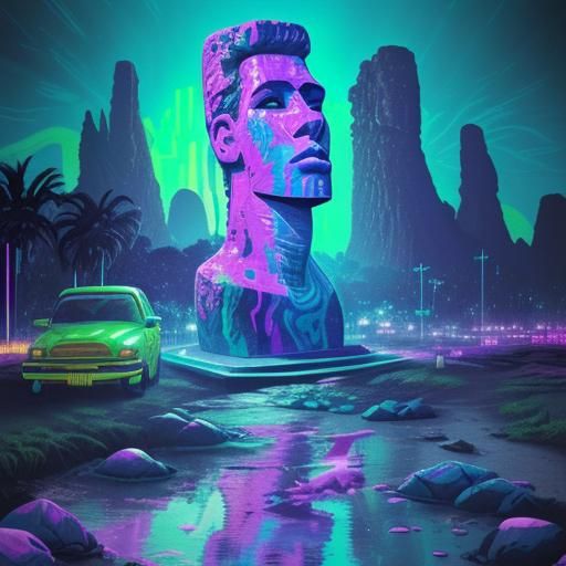 Vaporwave Alien Landscape with Glitch Art